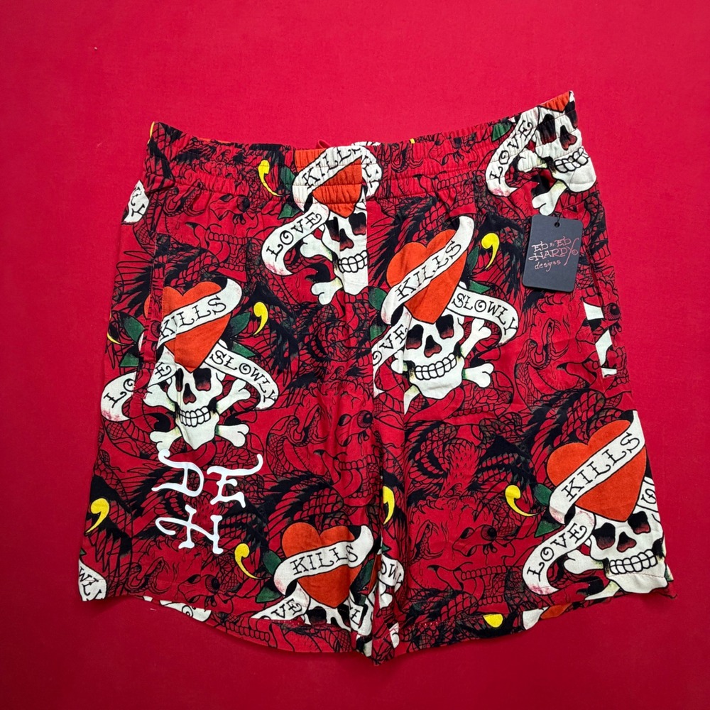Ed Hardy Love Kills Slowly Red Skull Graphic Mesh Shorts Mens Medium